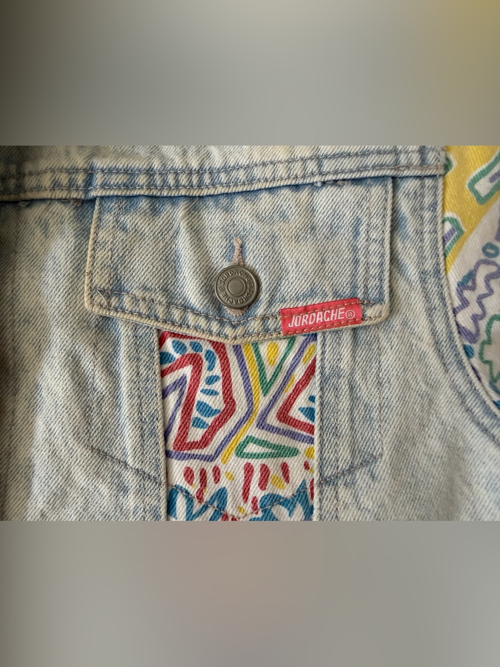 Jordache Light Wash Denim Crop Jacket with Yellow, Pink, Green & Blue Print - Picture 6 of 16
